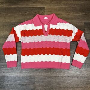 THML Pink White Chevron Knit Collared Sweater Long sleeve Boho Sz Med. Cottage